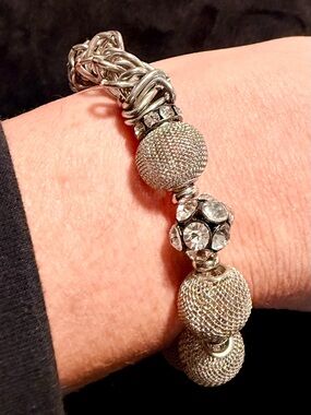 Artisan Style Silver Tone Mesh Bead Crystal Statement Bracelet